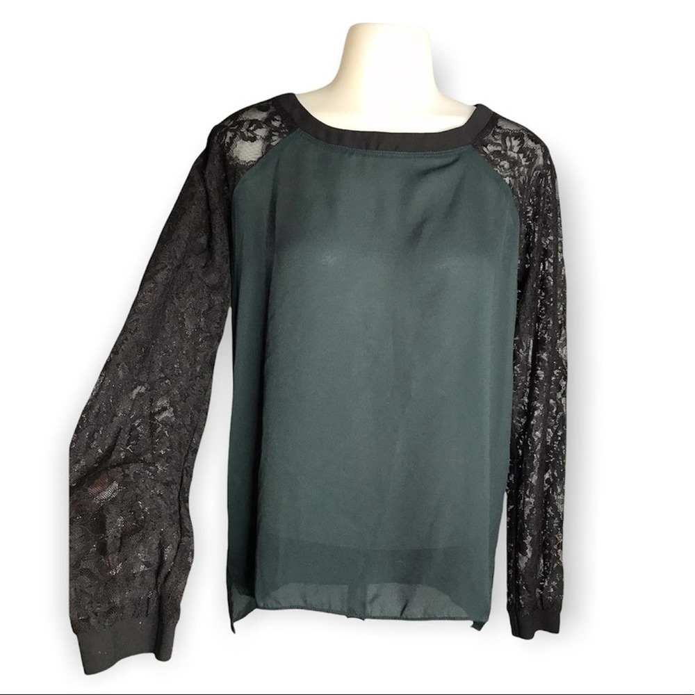 Loft | Emerald Green & Black Lace Sleeve Sheer Blouse